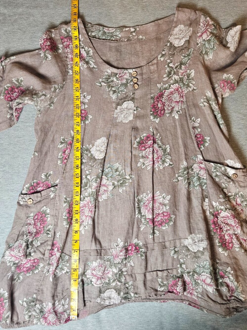 Floral 100% Linen Made in Italy Scoop Neck BohoTunic in Muted Taupe and Pink - Picture 8 of 9
